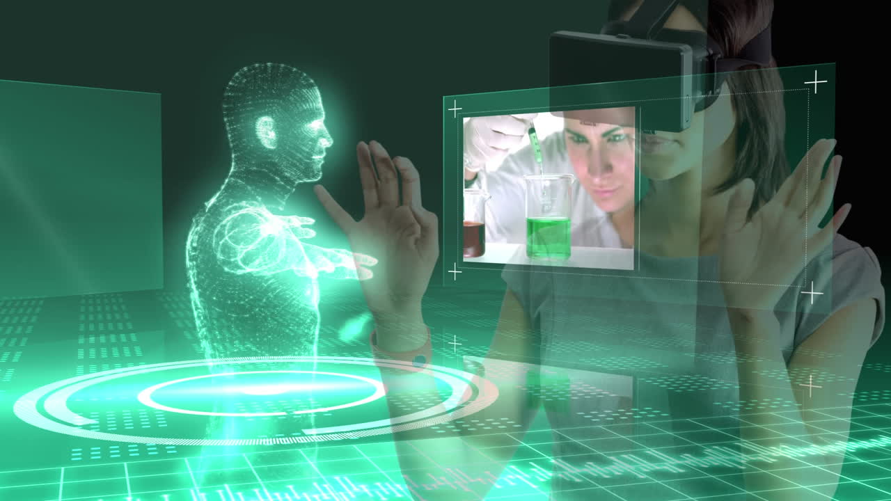 Using virtual reality headset, woman interacting with holographic scientific research animation