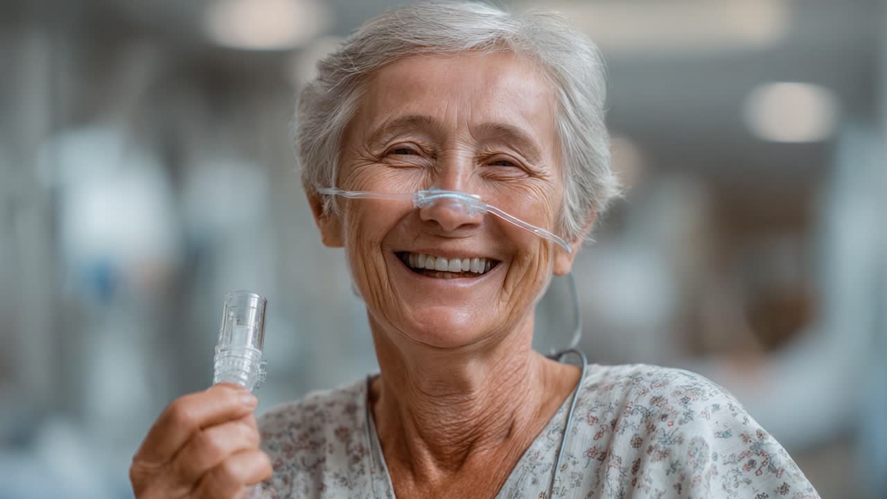 A Joyful Elderly Woman Smiling with a Breathing Device, Radiating Positivity and Resilience Amidst a Healthcare Environment