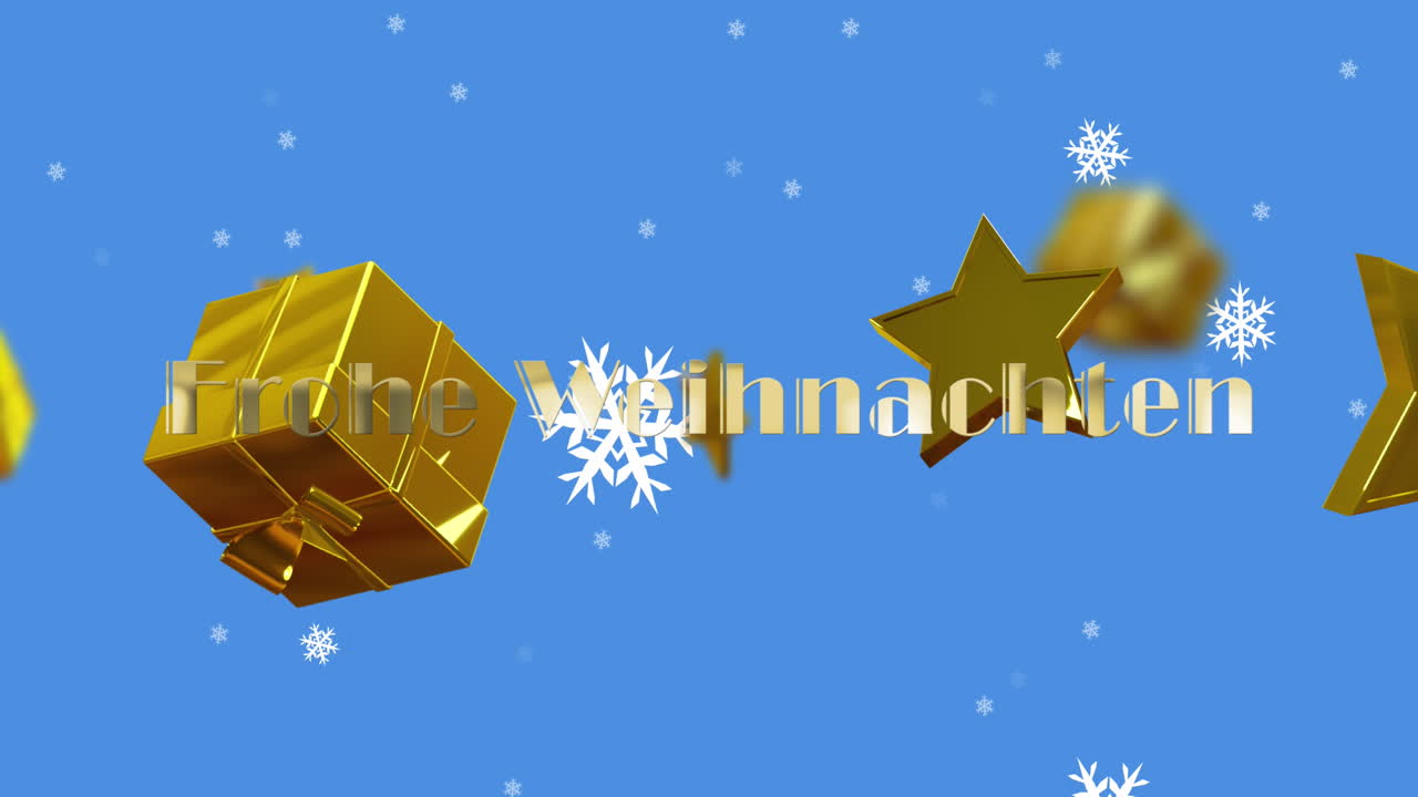 Animazione del testo "Frohe Weihnachten" sopra regali di Natale su sfondo blu