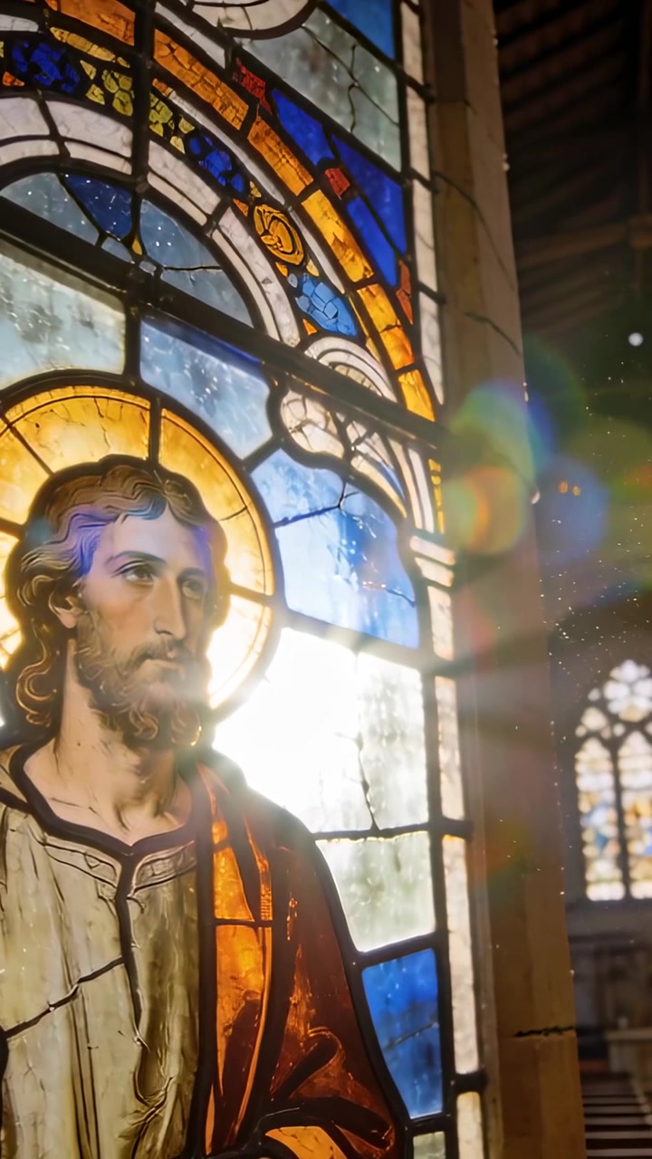 Video verticale: Luce solare che splende attraverso vetrate colorate, creando bagliori che illuminano un'aureola e una veste in chiesa