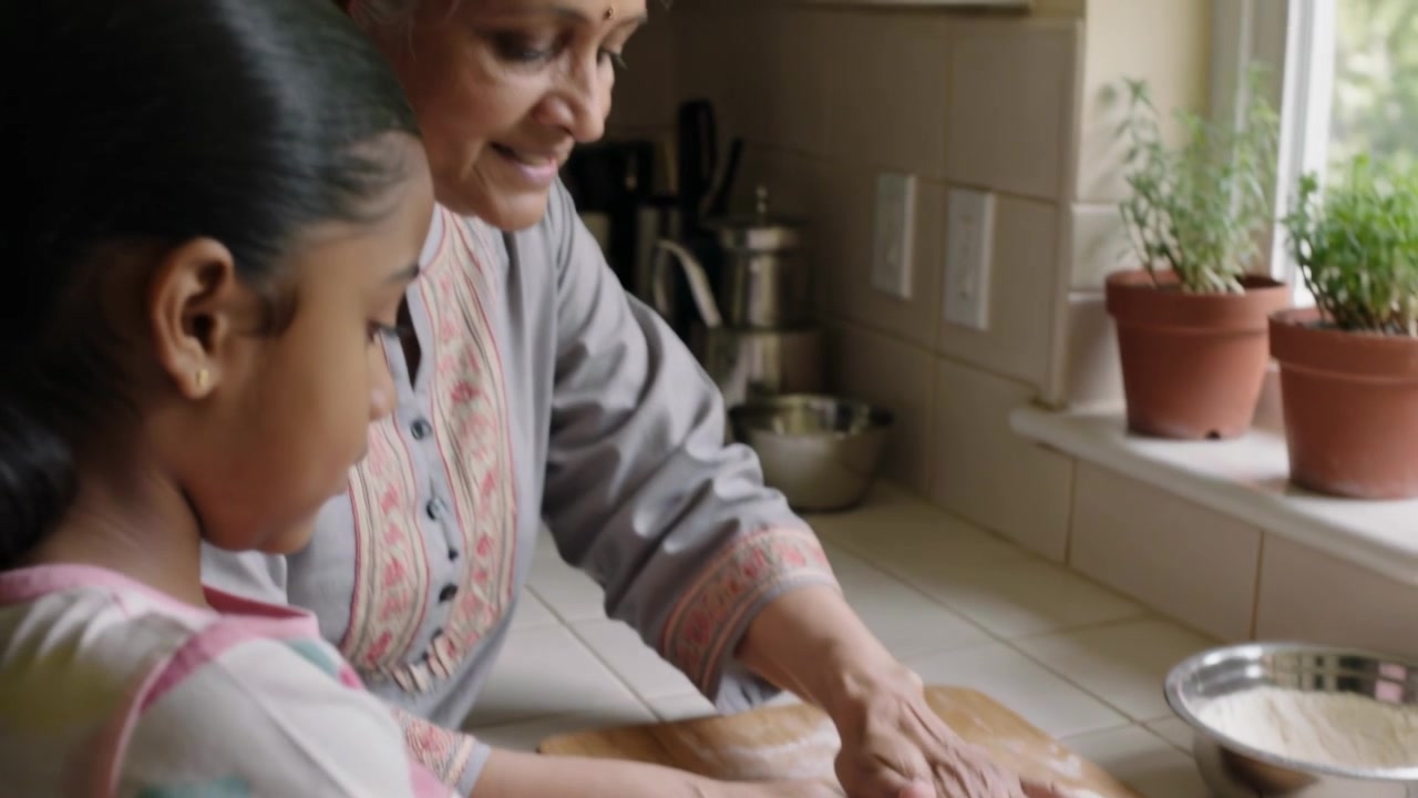 Mani di nonna vestita con kurta che guidano una bambina che preme l'impasto su una tavola vicino alla finestra, insegnandole.