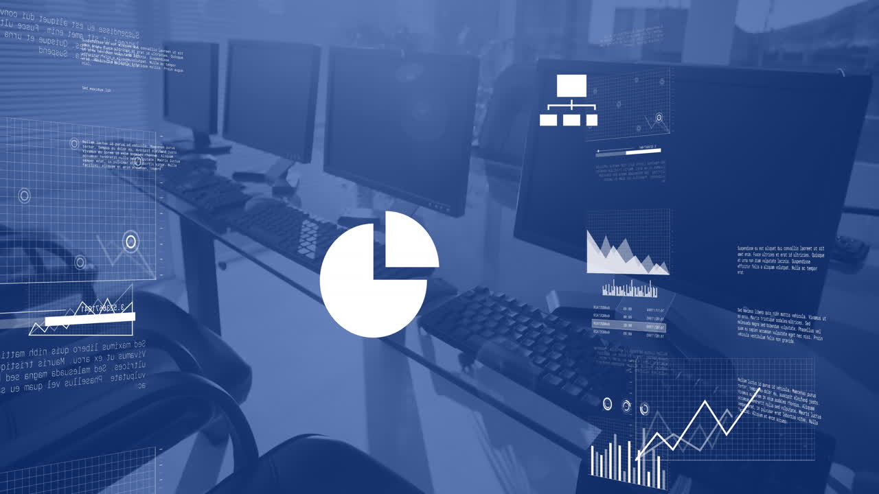 아이콘, 그래프, 지도 및 컴퓨터 언어의 애니메이션 비어있는 의자, 사무실의 데스크 ⁇