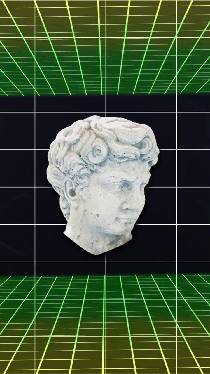 Animazione 3D di testa di statua classica su linee di griglia verdi e marroni