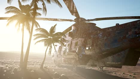 old-rusted-military-helicopter-in-the-desert-at-sunset