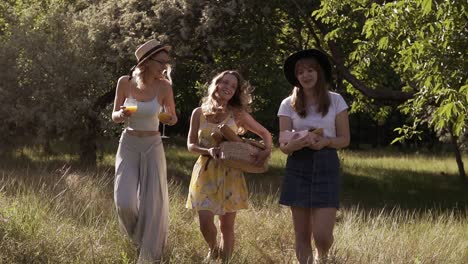 beautiful girls friends making picnic outdoor. happy faces, smiling. holding stuff fro picnic in their hands. front view