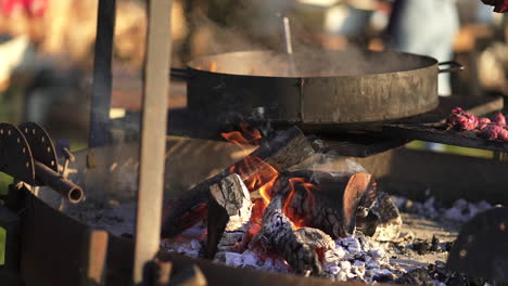 cerca de una parrilla, quema de leña, chimenea para calentar la comida, cocinar afuera, aventura de campamento, disparo estático, humo y ceniza