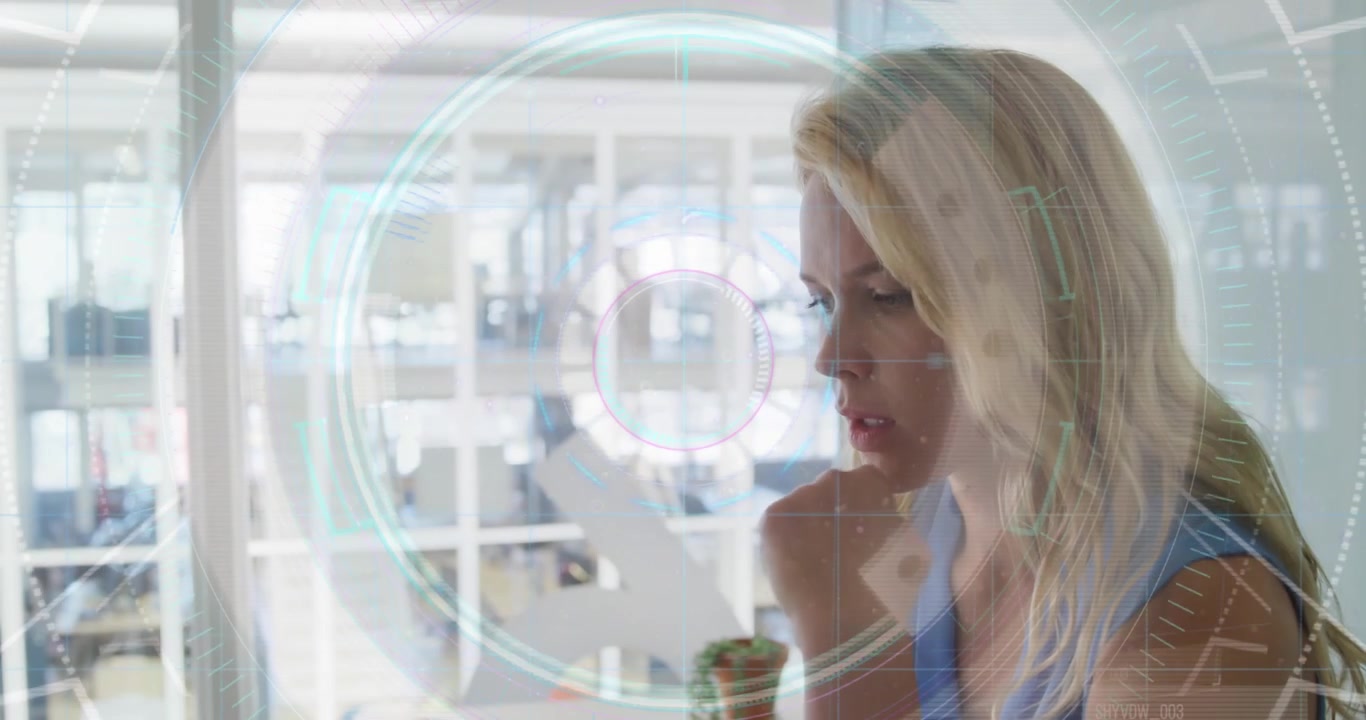 Animation of scope scanning over caucasian businesswoman