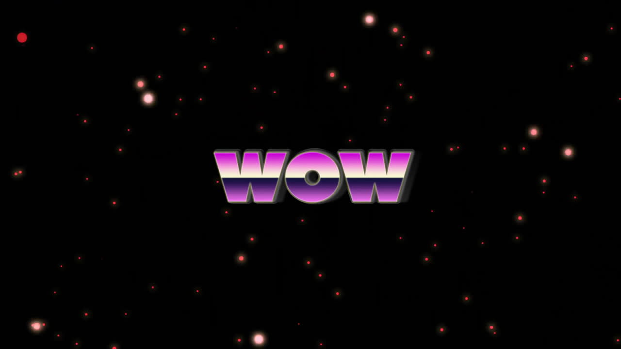 Bold pink letters with Wow over sparkling starry black background in animation