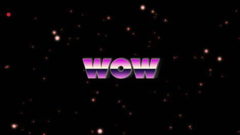 bold pink letters with wow over sparkling starry black background in animation