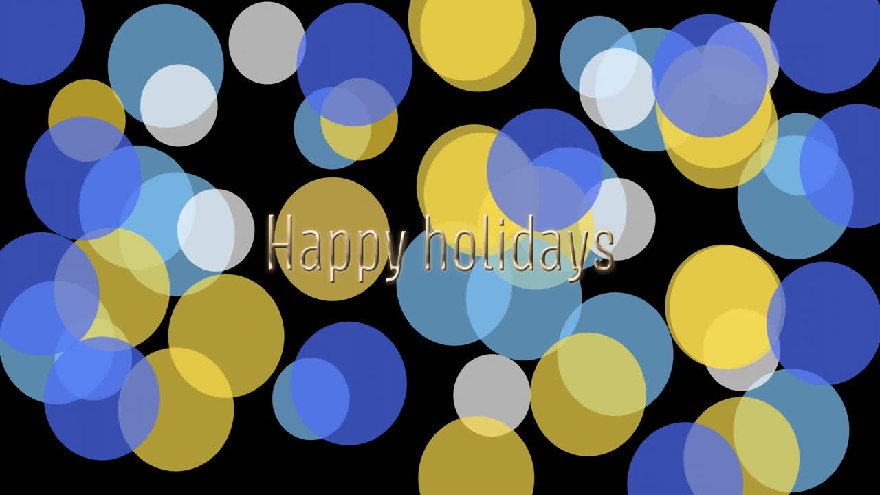 Animation of happy holidays text and multicolored circles over black background