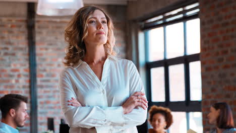 portrait of serious businesswoman in office with colleagues working in background