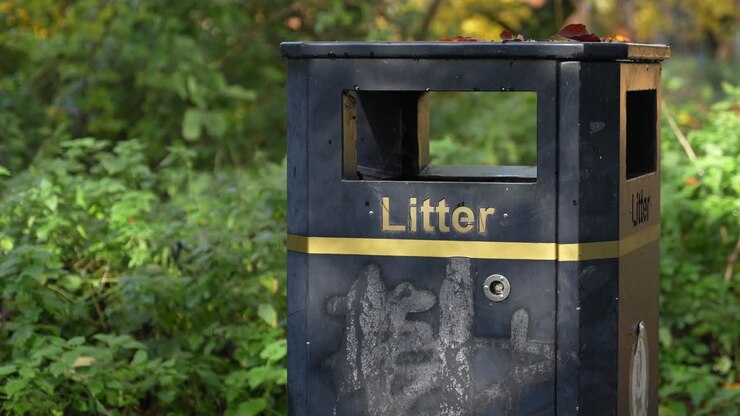 Cestino per rifiuti da esterno con etichetta “Litter” in un parco verde