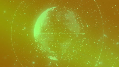 rotating digital globe with glowing particles animation over yellow background