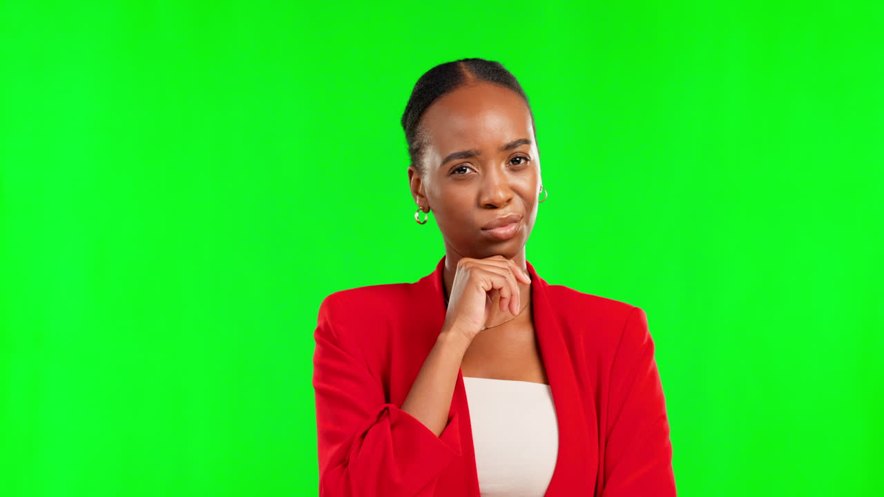Unhappy, green screen and face of a black woman