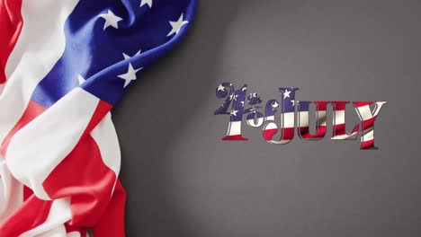 Animation-of-4th-of-july-text-in-flag-colours-and-flag-of-america-on-grey-background