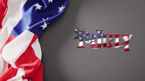 animation of 4th of july text in flag colours and flag of america on grey background