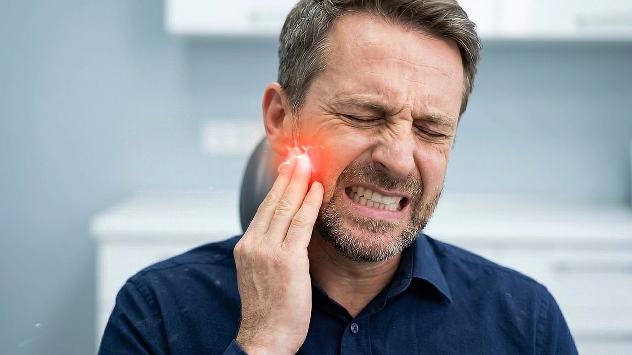 Uomo che si tiene la guancia e la mascella doloranti con un'espressione facciale preoccupata, in vista medica