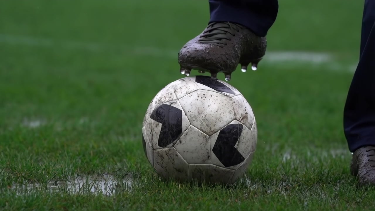 Nærbillede fra lav vinkel af en mudret fodboldstøvle med knopper, der presser en slidt hvid og sort fodbold på mættet græs med stående vandpytter, vanddråber på knopperne og smurt mudder på overfladen.