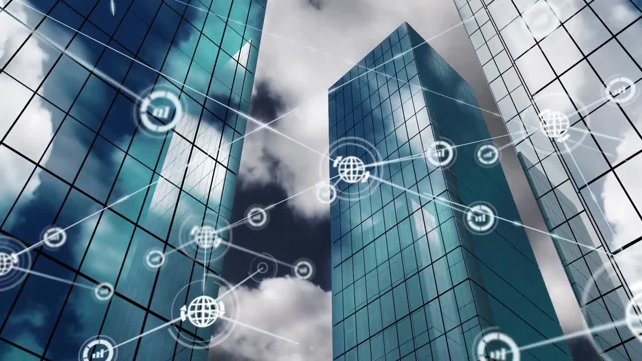Network of digital icons against tall buildings in background