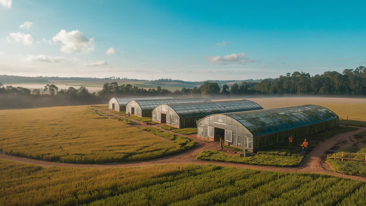 Drone descending fields at dawn, capturing workers in vests inspecting greenhouse, crops for health