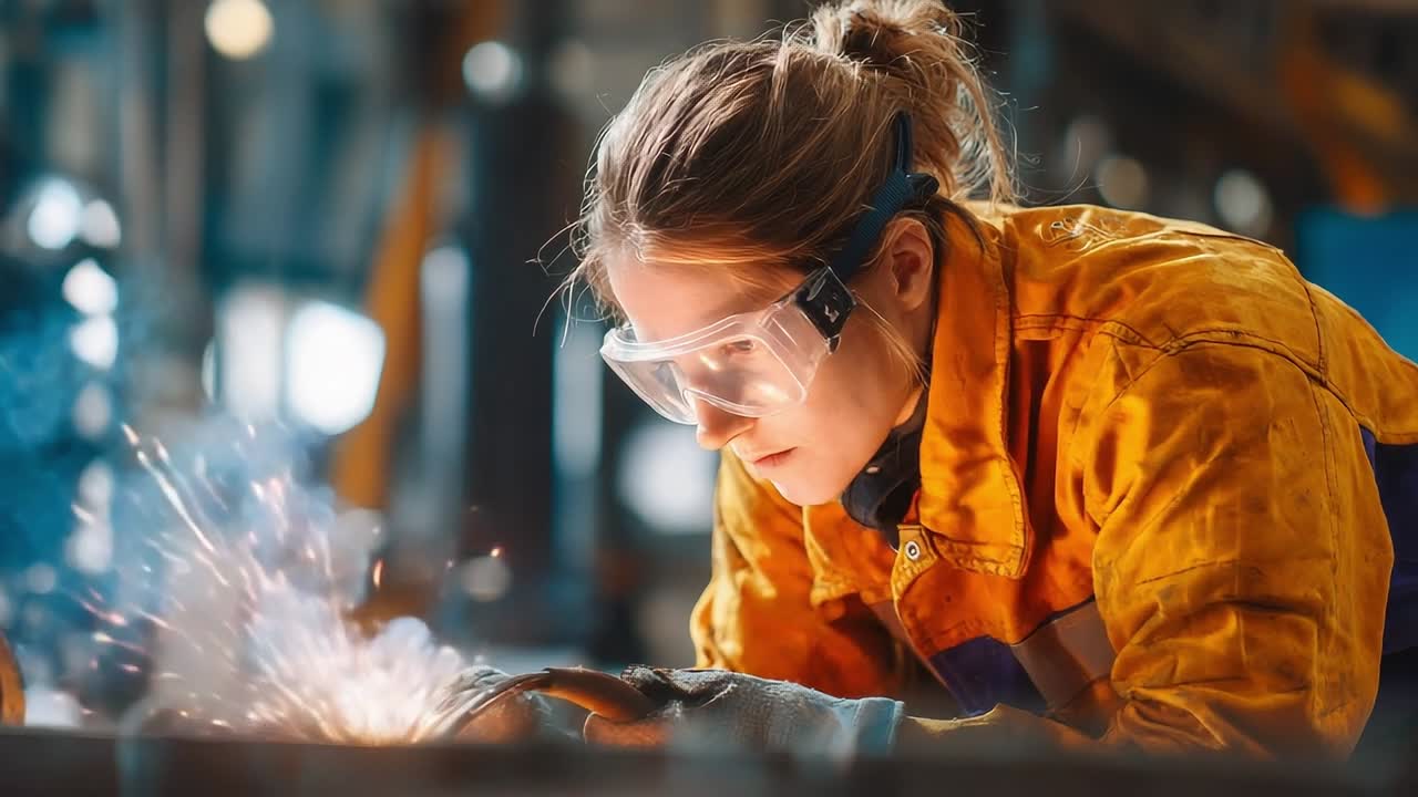 Kvinnelig sveiser demonstrerer ferdigheter i et travelt verkstedmiljø.