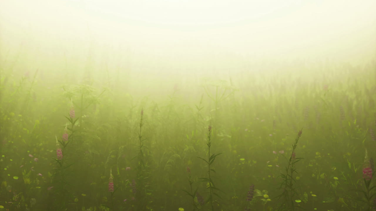 Misty meadow filled with wildflowers and tall grass during early morning light