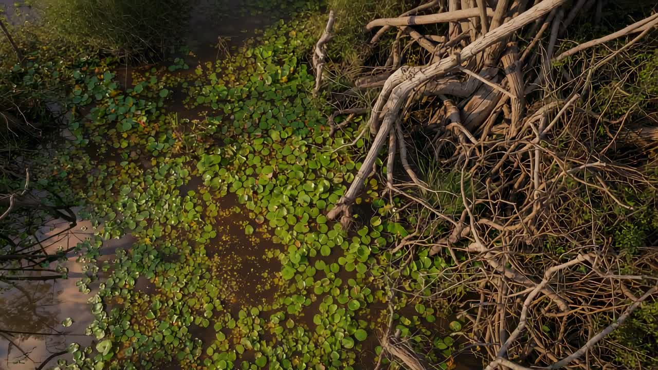 Gliding aerial drone revealing lily-pad carpet and exposed root tangle at marsh, showing shadows