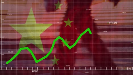 animation of flag of china and financial data processing over city