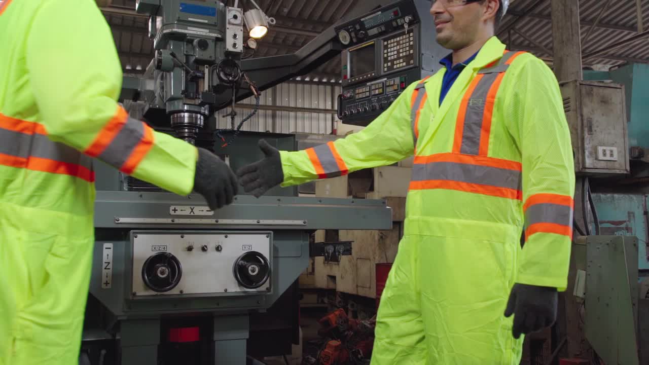 Factory workers handshake with team member in the factory