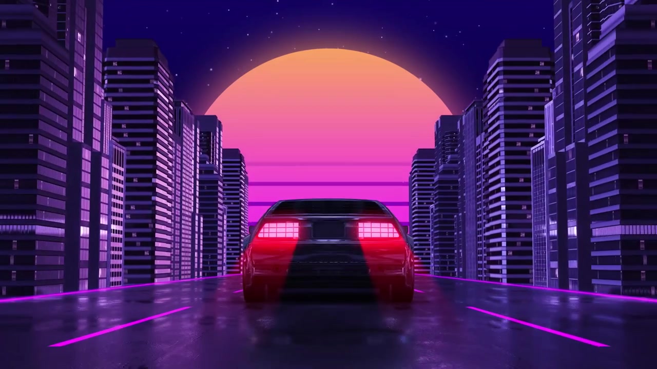 Auto retrò che guida attraverso una città neon con un tramonto synthwave