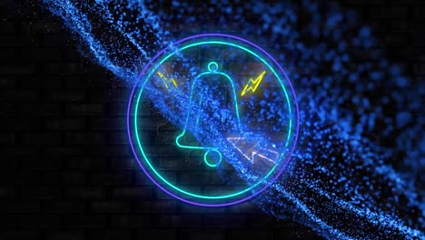 Animation-of-neon-notification-bell-icon-and-glowing-blue-digital-wave-against-brick-wall-background
