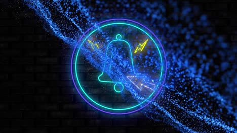 animación del icono de la campana de notificación de neón y la onda digital azul brillante contra el fondo de la pared de ladrillo.