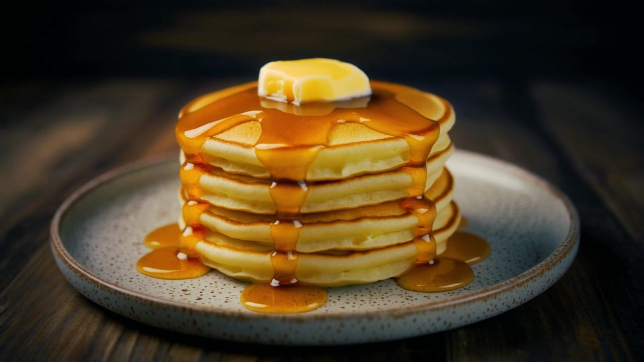 Stack of Pancakes with Melting Butter and Pouring Syrup