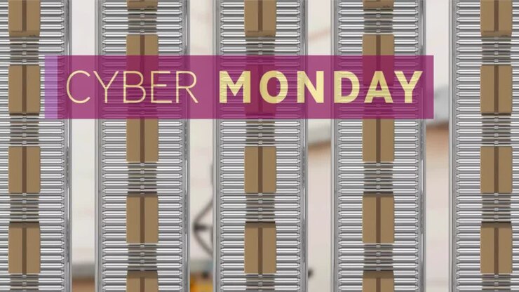Animazione di testo cyber monday su scatole di cartone su nastri trasportatori