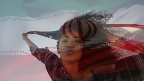 Holding American flag with Iranian overlay, woman showing Persian script animation