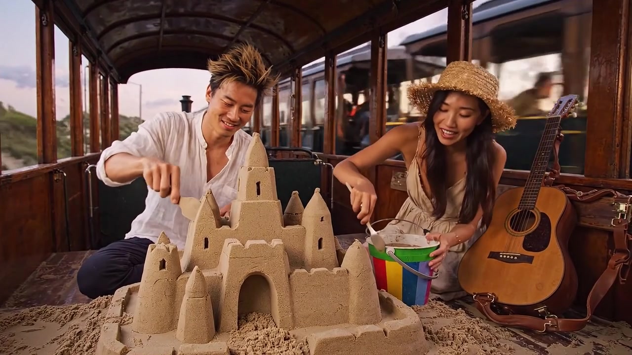 Hai người bạn cùng nhau xây một lâu đài cát công phu trong khi ngắm hoàng hôn từ một toa tàu cổ điển, tạo nên khoảnh khắc vui vẻ và sáng tạo bên bờ biển