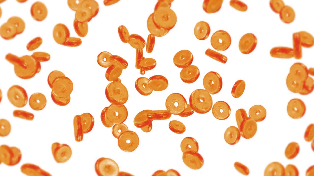 색 배경에 많은 평평한 도을 날아. 도 케이크, 과자, 디저트. 도 회전의 3d 애니메이션. 루프 애니메이션.