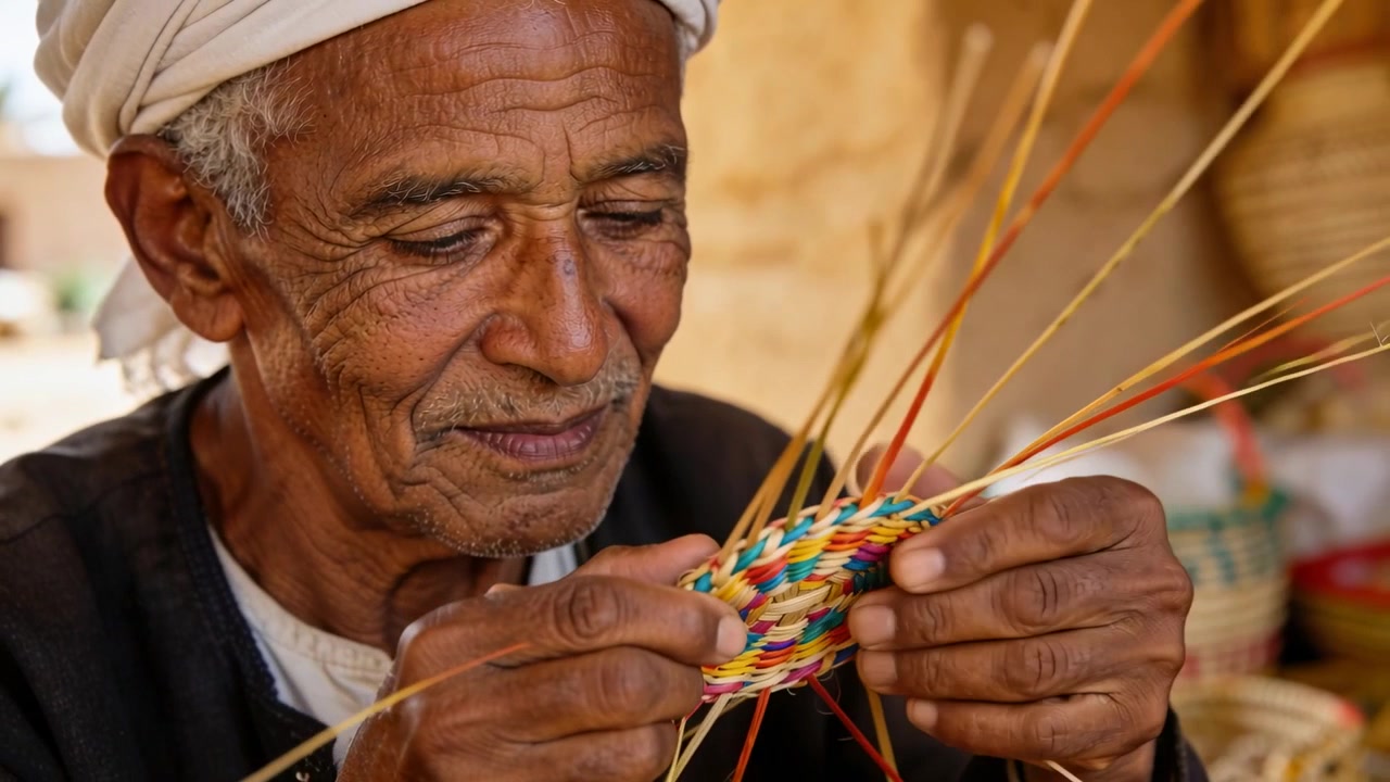 Artigiano tessitore con turbante a una bancarella artigianale, che tiene un centro intrecciato e aggiunge canne per creare la base