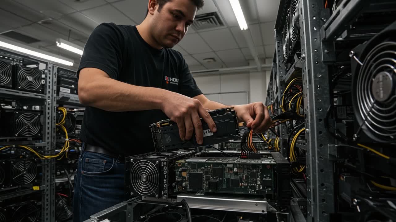 A Technician Skilled in Hardware Assembly Carefully Installs a Graphics Card into a High-Performance Computing Setup Surrounded by Multiple Server Racks
