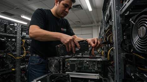 a technician skilled in hardware assembly carefully installs a graphics card into a high-performance computing setup surrounded by multiple server racks