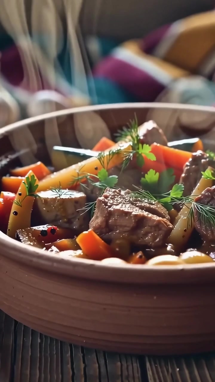 Estofado de carne humeante en un cuenco de barro rústico
