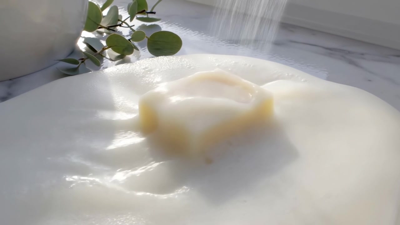 Vista ravvicinata di una crema bianca lucida spalmata su un piano d'appoggio in marmo chiaro, incorniciata da foglie di piante verdi e dal bordo di un contenitore, con una calda illuminazione laterale.