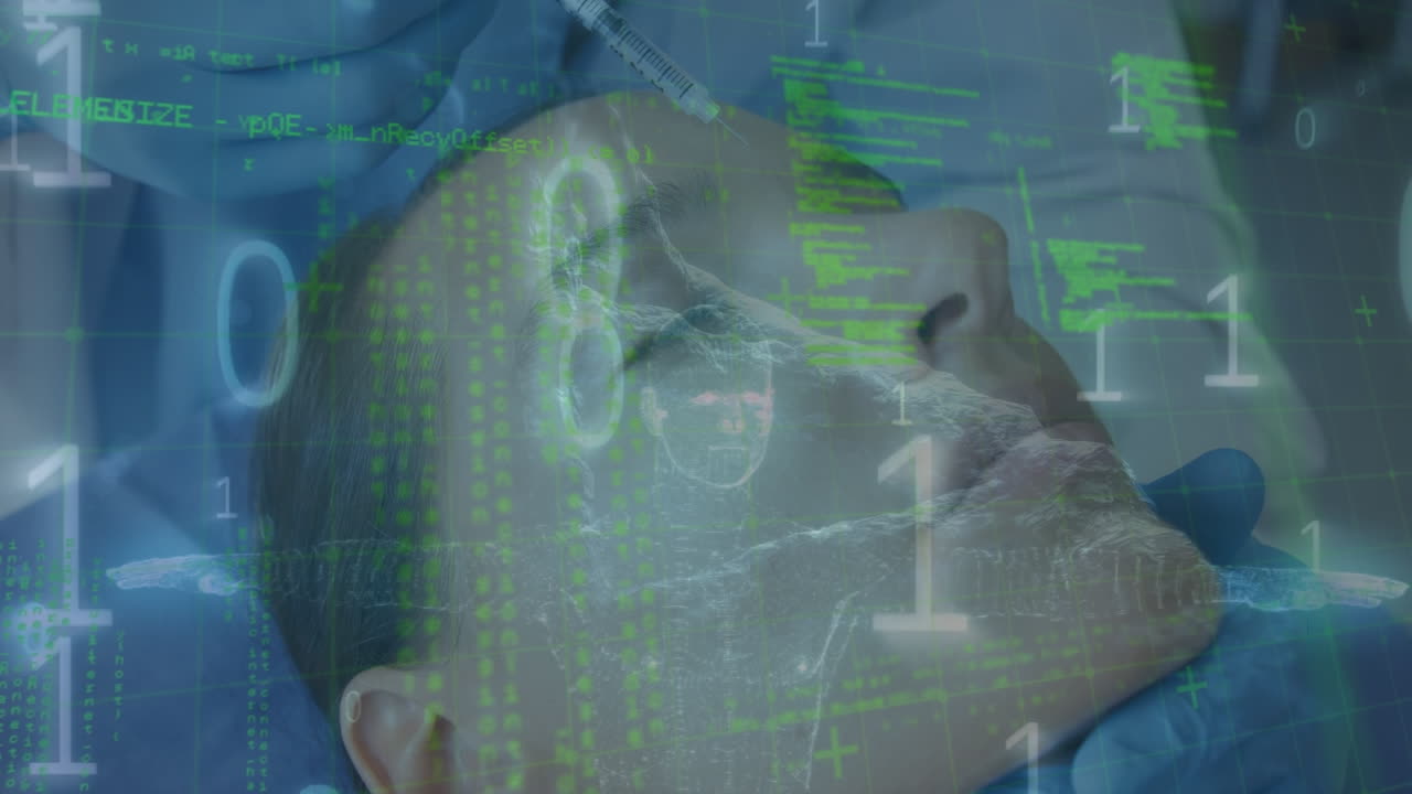 수술 중에 백인 여성 환자의 데이터 처리의 애니메이션