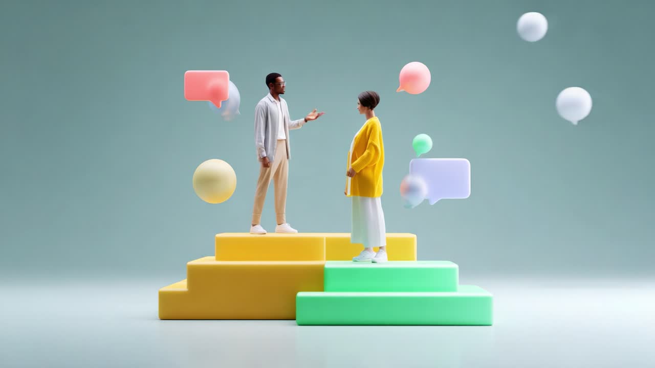 Engaging Conversation on Colorful Steps: Two Individuals Communicating with Speech Bubbles in a Bright, Artistic Environment, Illustrating Dialogue and Connection