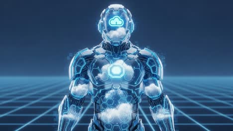 futuristic humanoid figure surrounded by digital clouds and technology, showcasing the blend of artificial intelligence and cloud computing in a high-tech environment