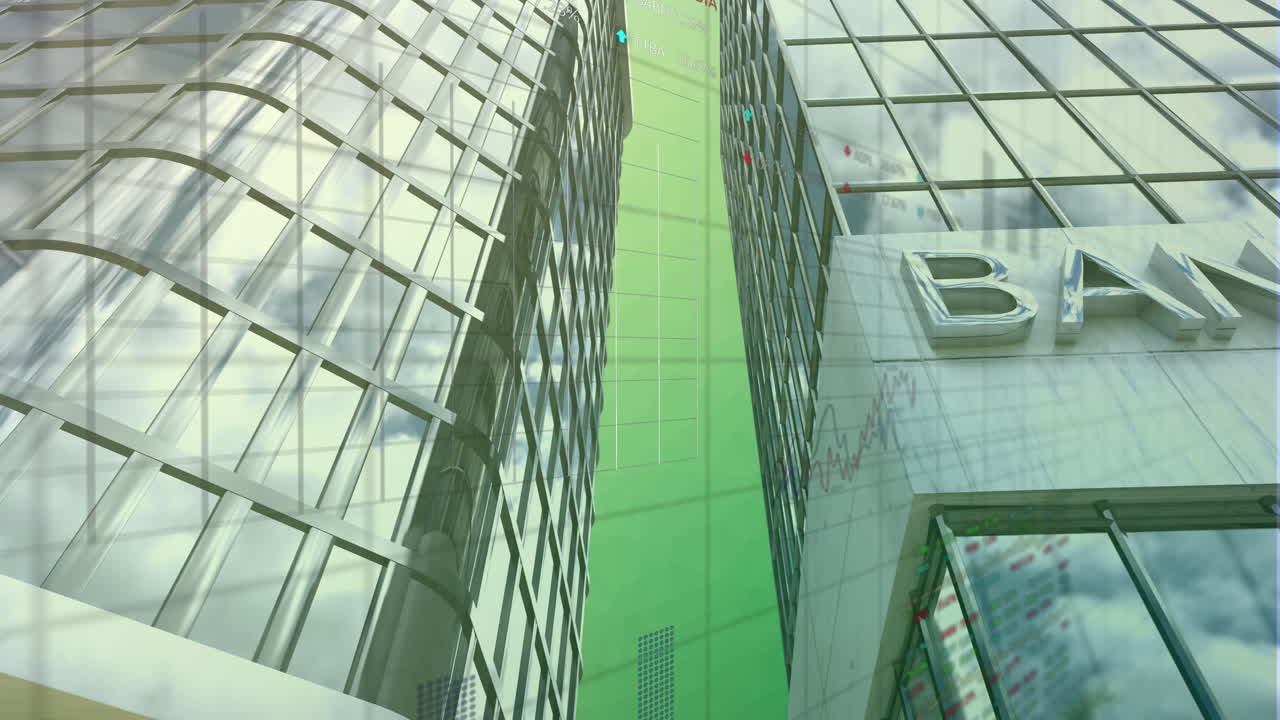 animación del procesamiento de datos financieros sobre el edificio bancario