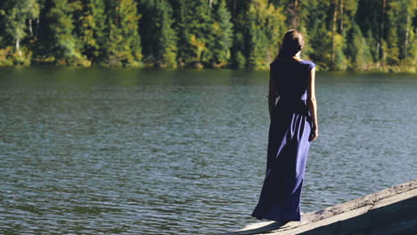 woman in blue dress by the lake