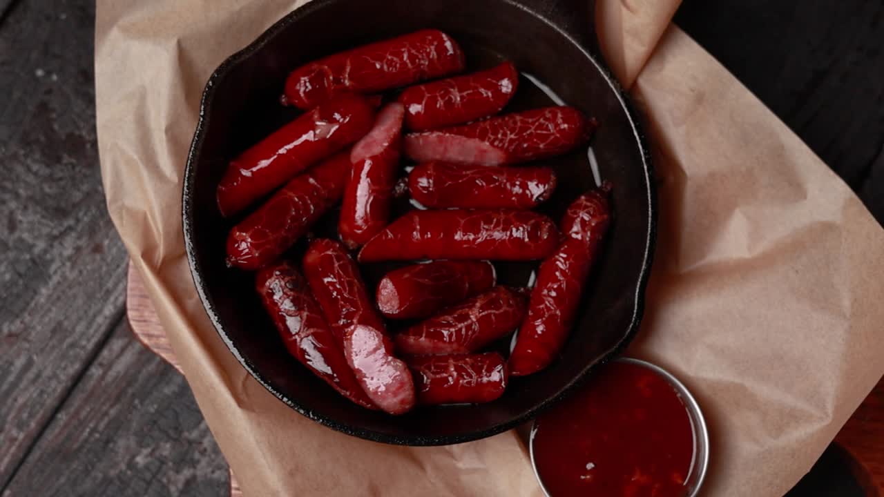 Fried Mini Sausages in a Cast Iron Pan with Sauce
