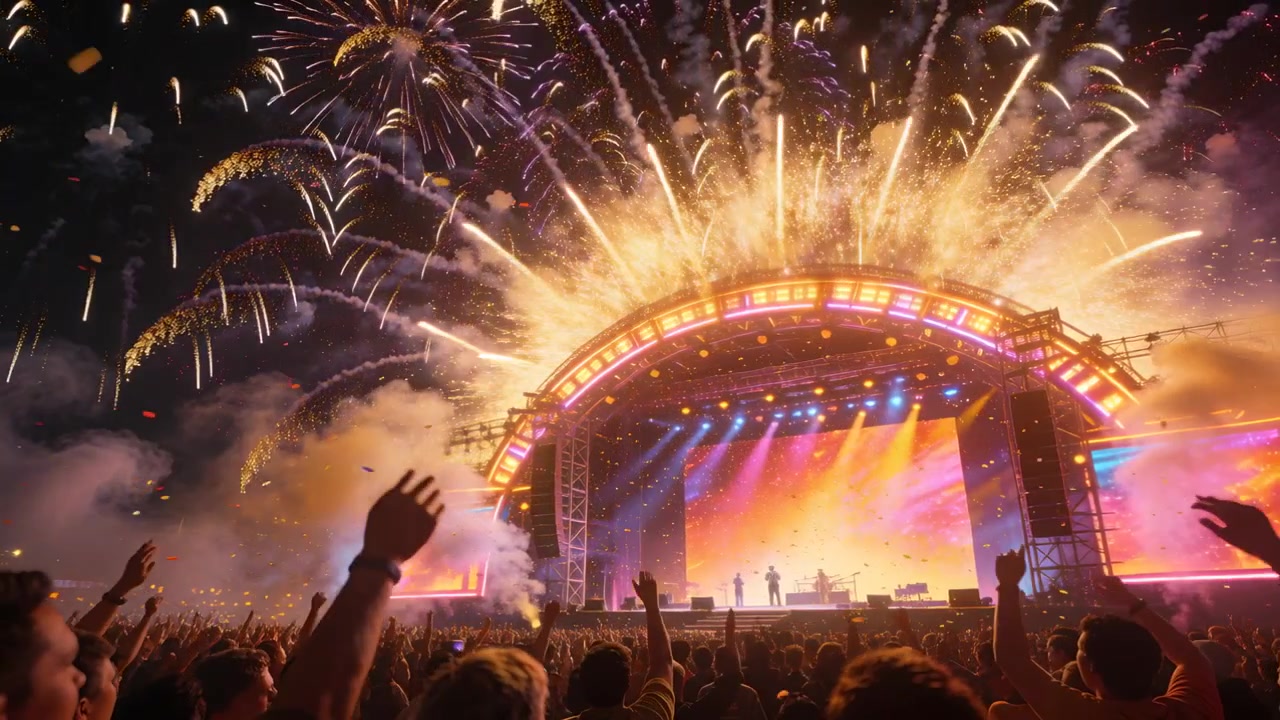 Affyring af fyrværkeri, buet scene og band i scenetøj begejstrer publikum ved natkoncert, LED-baggrund