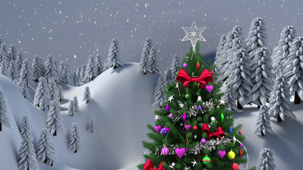 크리스마스 트리와 겨울 풍경 위에 내리는 눈의 애니메이션